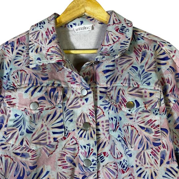 Emily Wonder Abstract Denim Jacket Womens L Pastel Pink Eclectic Whimsy Quirky - Picture 3 of 6